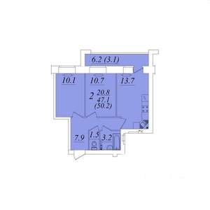 2-к квартира, строящийся дом, 50м2, 6/10 этаж