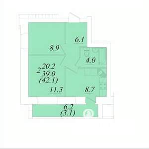 2-к квартира, строящийся дом, 42м2, 6/10 этаж