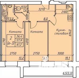 2-к квартира, строящийся дом, 61м2, 4/9 этаж