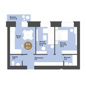 2-к квартира, строящийся дом, 57м2, 10/12 этаж