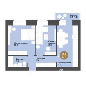 2-к квартира, строящийся дом, 56м2, 7/12 этаж