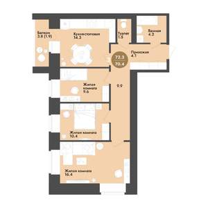 3-к квартира, строящийся дом, 72м2, 8/12 этаж