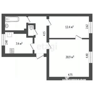 2-к квартира, вторичка, 52м2, 2/2 этаж