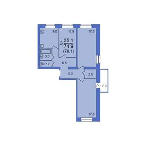 3-к квартира, строящийся дом, 76м2, 7/10 этаж