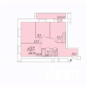 3-к квартира, строящийся дом, 67м2, 1/10 этаж
