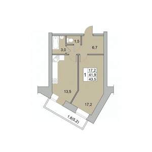 1-к квартира, вторичка, 44м2, 3/6 этаж