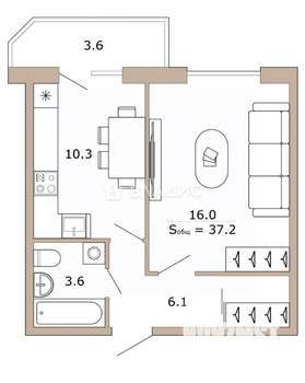 1-к квартира, вторичка, 36м2, 5/9 этаж