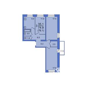 3-к квартира, строящийся дом, 76м2, 4/10 этаж