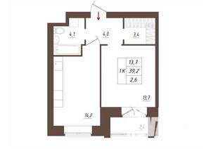 1-к квартира, строящийся дом, 39м2, 1/3 этаж