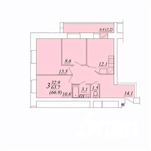 3-к квартира, строящийся дом, 67м2, 9/10 этаж