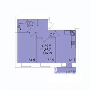 2-к квартира, строящийся дом, 56м2, 4/10 этаж