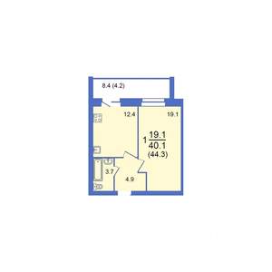 1-к квартира, строящийся дом, 44м2, 9/10 этаж