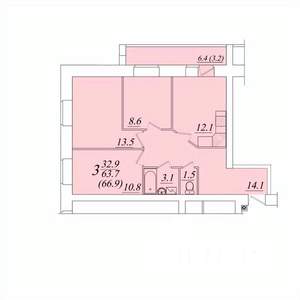3-к квартира, строящийся дом, 67м2, 3/10 этаж