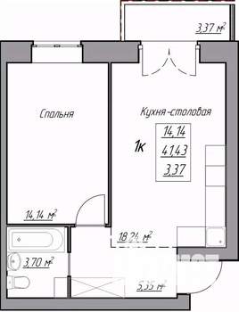 1-к квартира, строящийся дом, 45м2, 1/3 этаж