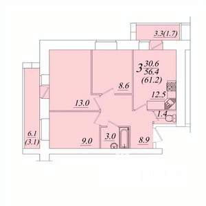 3-к квартира, строящийся дом, 61м2, 4/10 этаж