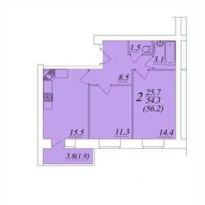 2-к квартира, строящийся дом, 56м2, 2/10 этаж