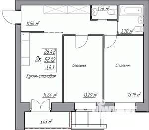 2-к квартира, строящийся дом, 62м2, 1/3 этаж