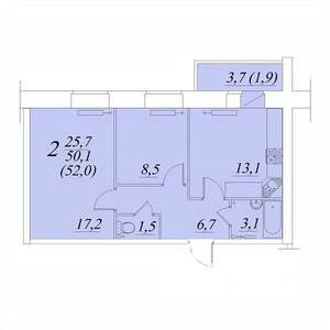 2-к квартира, строящийся дом, 52м2, 1/10 этаж
