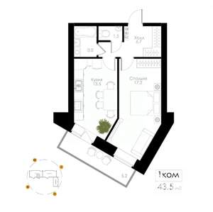 1-к квартира, вторичка, 44м2, 2/6 этаж