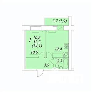 1-к квартира, строящийся дом, 34м2, 3/10 этаж