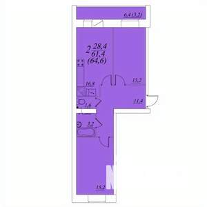 2-к квартира, строящийся дом, 65м2, 4/10 этаж