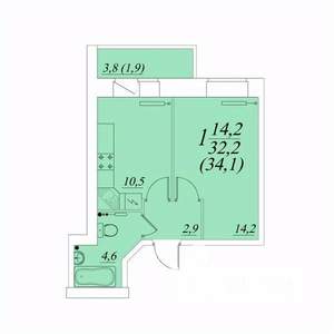 1-к квартира, строящийся дом, 34м2, 10/10 этаж