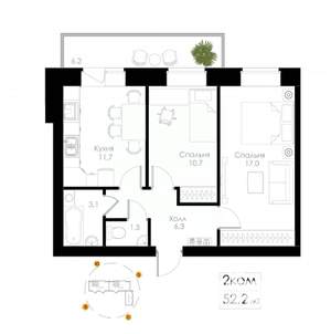 2-к квартира, вторичка, 52м2, 4/8 этаж