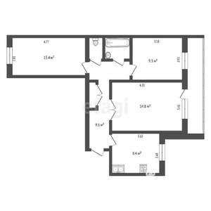 3-к квартира, вторичка, 60м2, 9/9 этаж